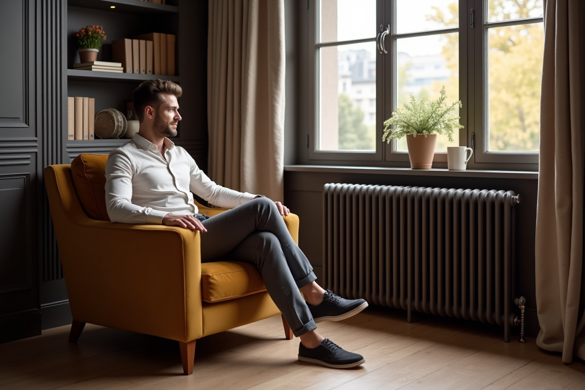 Jeune homme assis près d’un radiateur électrique dans un intérieur élégant