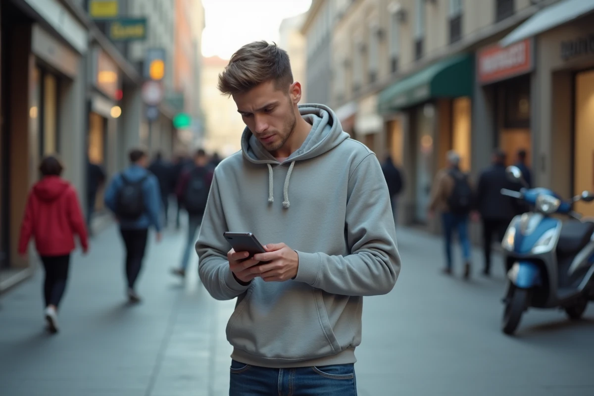 Jeune homme dans la rue vérifiant son smartphone