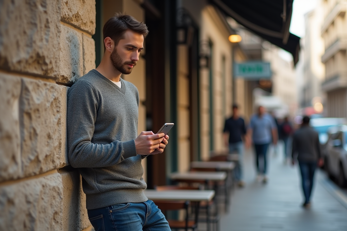 Jeune homme en ville enregistrant un message