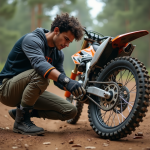 Jeune homme en motocross vérifiant sa roue avant dans la forêt