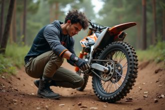 Jeune homme en motocross vérifiant sa roue avant dans la forêt