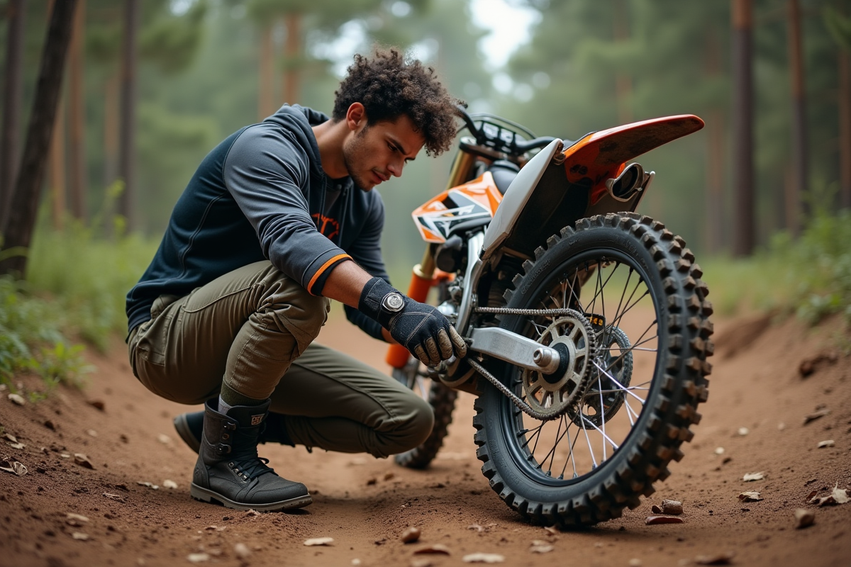 Jeune homme en motocross vérifiant sa roue avant dans la forêt