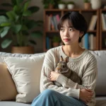 Jeune personne nonbinaire tenant un lapin dans un salon cosy