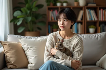 Jeune personne nonbinaire tenant un lapin dans un salon cosy