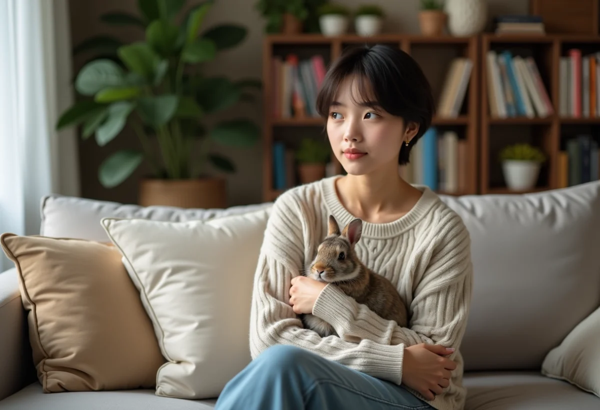 Jeune personne nonbinaire tenant un lapin dans un salon cosy