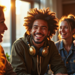 Jeune rappeur français en studio avec amis et casque doré