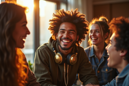 Jeune rappeur français en studio avec amis et casque doré