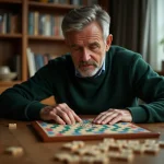 Homme concentré jouant au Scrabble classique avec des lettres en bois sur un plateau de jeu traditionnel