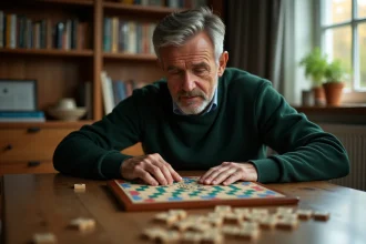 Homme concentré jouant au Scrabble classique avec des lettres en bois sur un plateau de jeu traditionnel