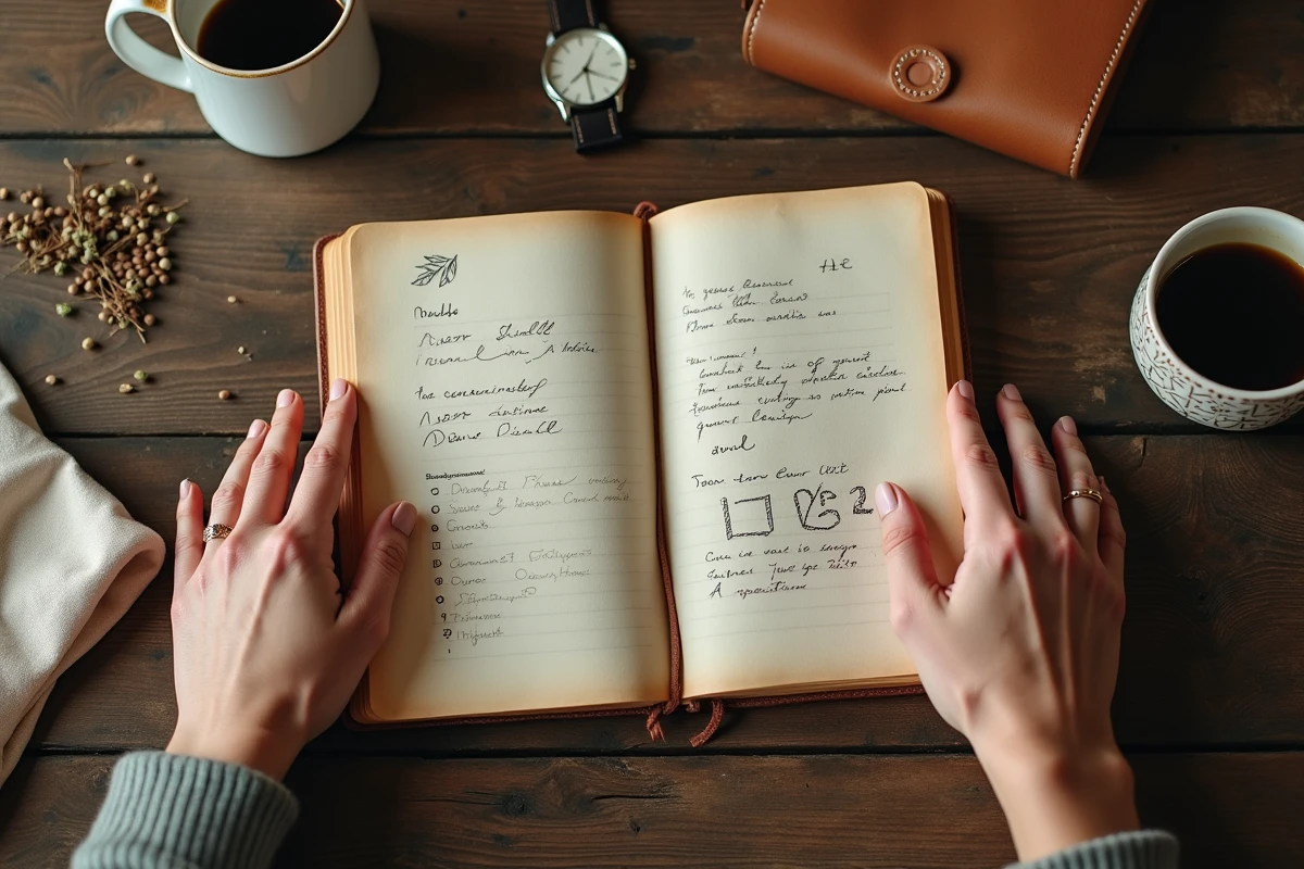 Mains tenant un journal intime ouvert avec une montre indiquant 11h22 posée sur une table de café, symbole de réflexion autour de l'heure miroir