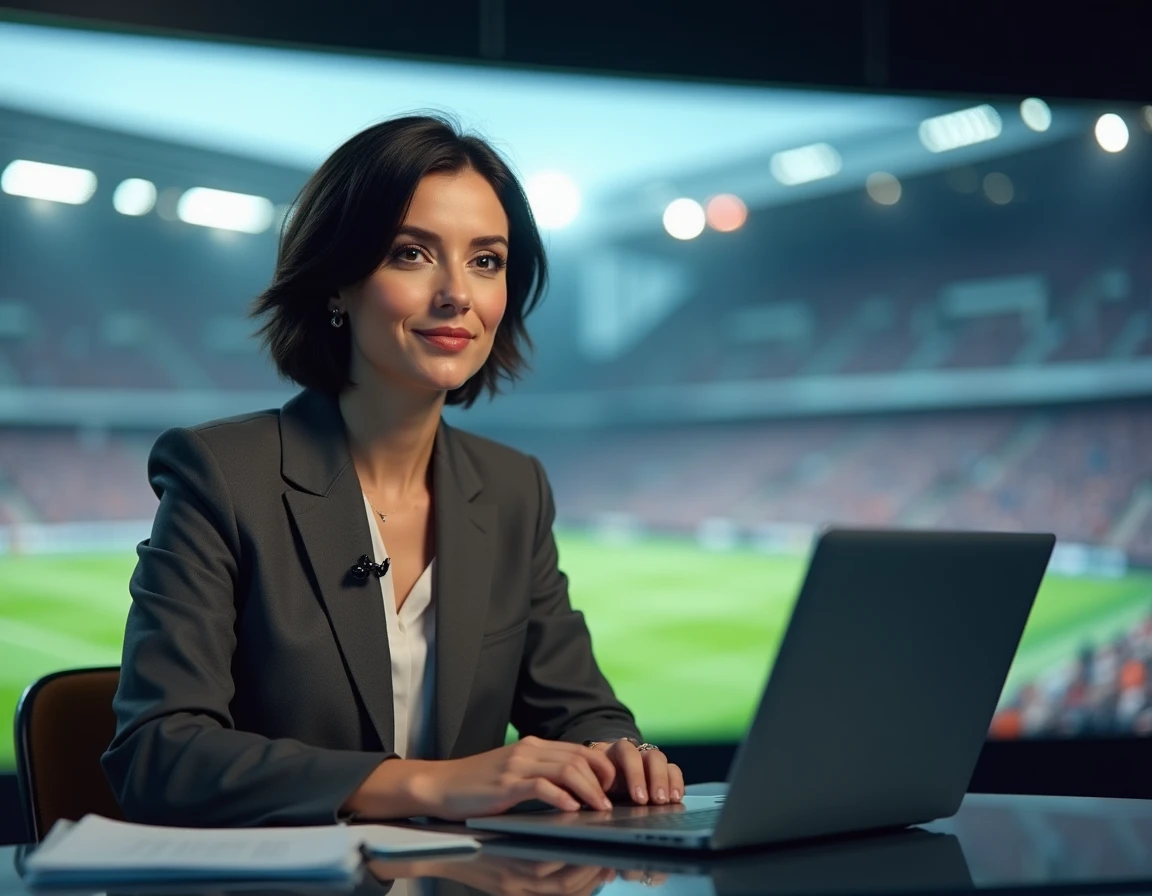 Journaliste sportive assise à un bureau de studio avec microphone et ordinateur, évoquant le commentaire et la couverture médiatique du sport professionnel