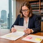 Femme juriste examinant un contrat avec des annotations dans une salle de réunion professionnelle
