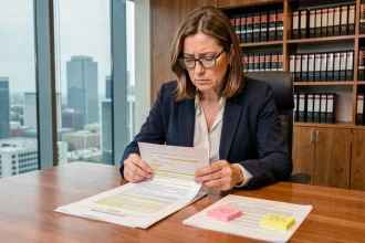 Femme juriste examinant un contrat avec des annotations dans une salle de réunion professionnelle