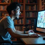 Un jeune homme choqué devant son écran affichant le scan One Piece 1149, la bouche ouverte d'incrédulité
