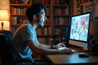 Un jeune homme choqué devant son écran affichant le scan One Piece 1149, la bouche ouverte d'incrédulité