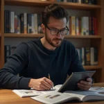 Lecteur attentif comparant des scans de manga sur tablette et en version physique à son bureau