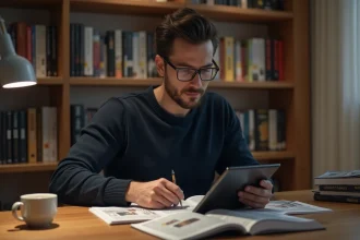 Lecteur attentif comparant des scans de manga sur tablette et en version physique à son bureau