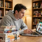 Jeune homme lisant des mangas devant un ordinateur affichant le site Kaliscan en 2026