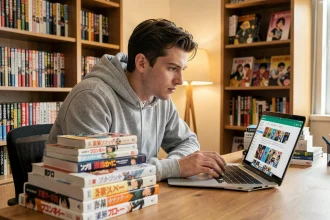 Jeune homme lisant des mangas devant un ordinateur affichant le site Kaliscan en 2026