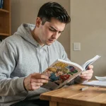 Jeune homme lisant attentivement un volume de manga One Punch Man assis à un bureau en bois entouré de livres