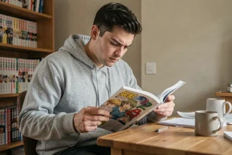 Jeune homme lisant attentivement un volume de manga One Punch Man assis à un bureau en bois entouré de livres