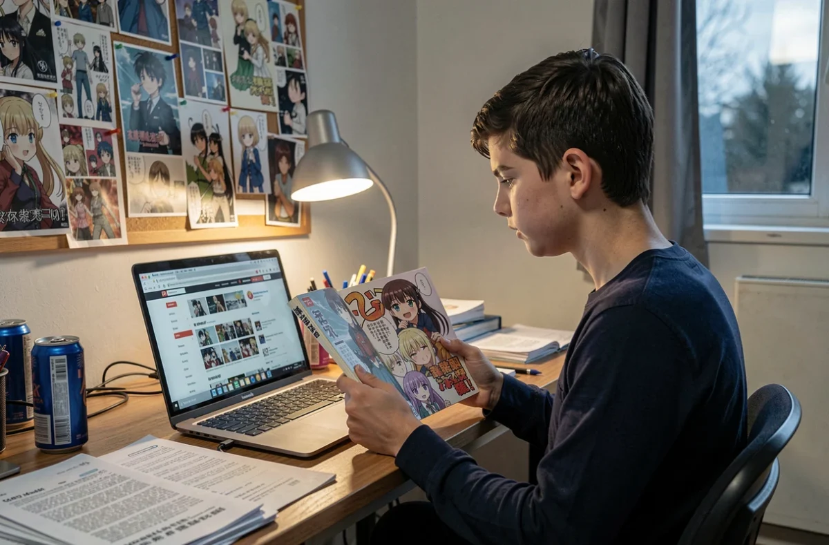 Adolescent comparant un scan en ligne sur ordinateur portable avec un volume physique de manga posé sur un bureau encombré