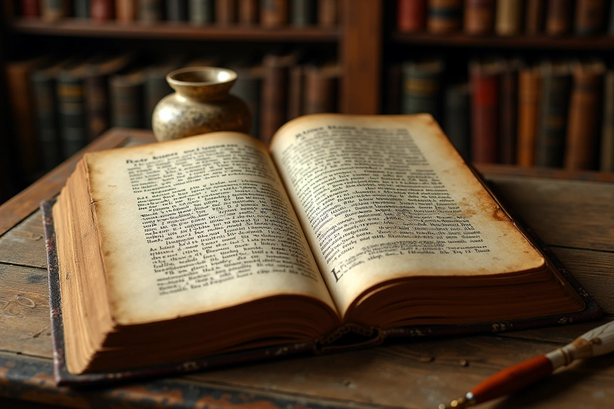 Vieux livre de mythologie bretonne ouvert sur une table en chêne avec annotations manuscrites sur les korrigans