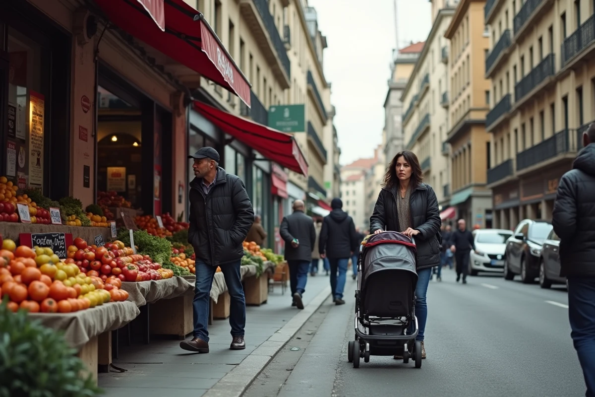 Scène de rue animée dans le quartier de la Guillotière à Lyon avec ses habitants et ses étals de marché colorés