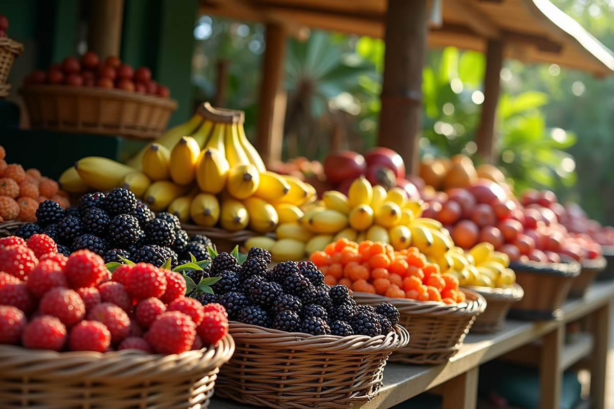 Stand de marché tropical avec bananes et baobabs au matin
