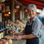 Vendeuse au marché de Dantxaria arrangeant des produits locaux basques sur un comptoir en bois