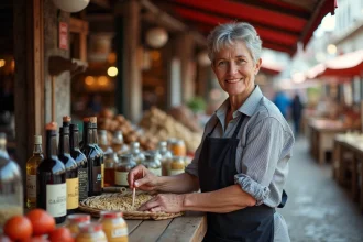 Vendeuse au marché de Dantxaria arrangeant des produits locaux basques sur un comptoir en bois
