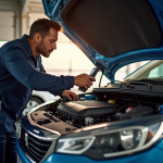 Mécanicien examinant le moteur d'une Peugeot 1,6 HDi en plein jour