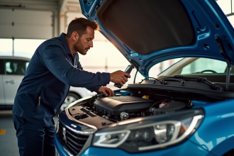 Mécanicien examinant le moteur d'une Peugeot 1,6 HDi en plein jour
