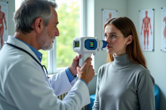 Medecin guide une jeune femme utilisant un spirometre dans une clinique
