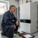 Un chauffagiste professionnel inspecte une chaudière à condensation dans une maison nantaise, représentant le classement des meilleurs chauffagistes à Nantes