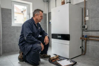 Un chauffagiste professionnel inspecte une chaudière à condensation dans une maison nantaise, représentant le classement des meilleurs chauffagistes à Nantes