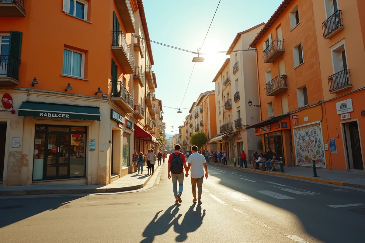 Quartier populaire de Montpellier avec ses façades ocre ensoleillées et ses habitants aux origines diverses
