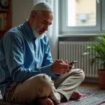 Homme musulman en prière avec smartphone dans son salon à Compiègne