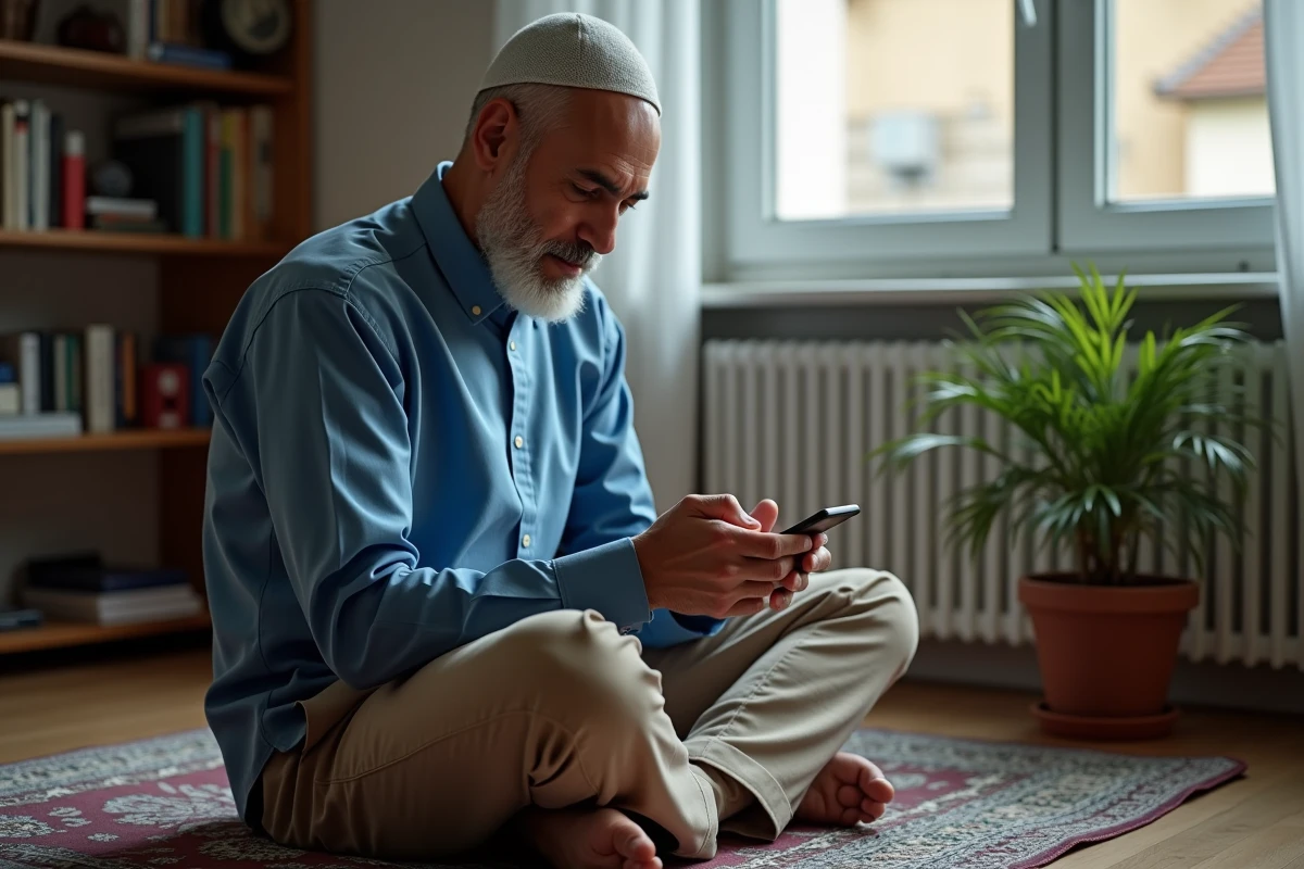 Homme musulman en prière avec smartphone dans son salon à Compiègne