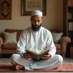 Musulman en prière lisant le Quran dans un salon chaleureux