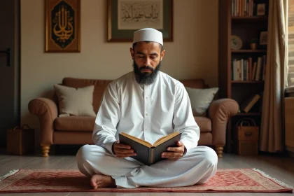 Musulman en prière lisant le Quran dans un salon chaleureux