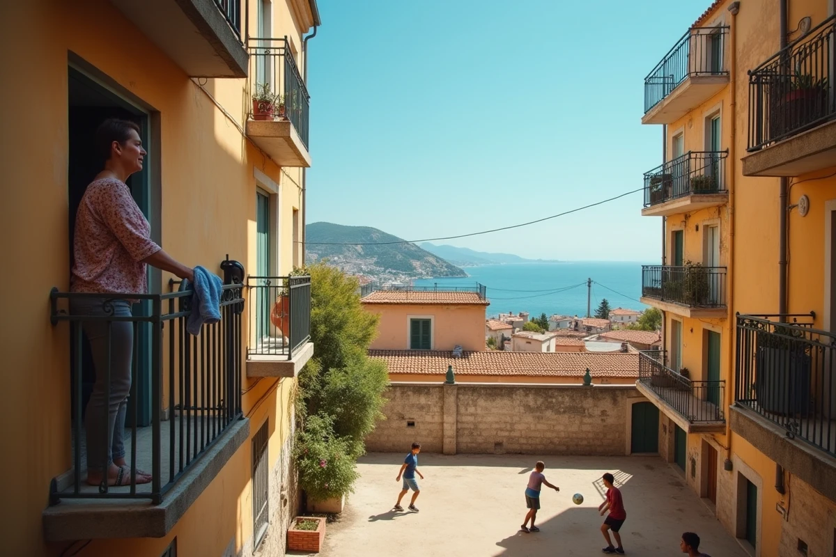 Quartier populaire de Nice montrant le contraste entre la réalité des cités et l'image glamour de la Côte d'Azur en arrière-plan