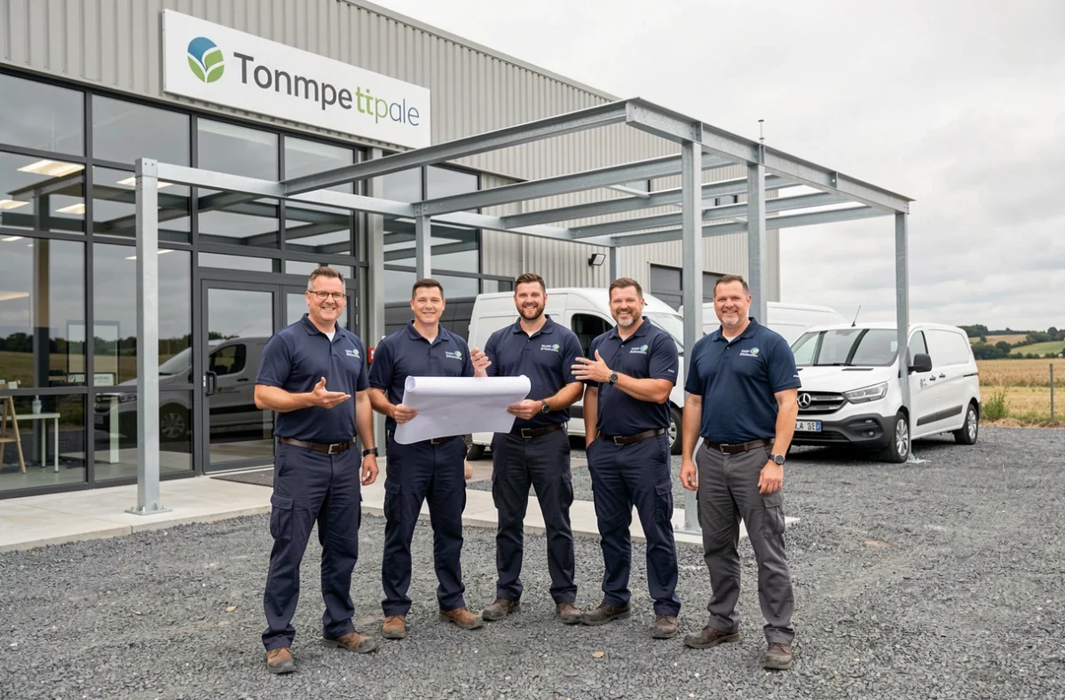 Équipe de Nouvelle SMTB Groupe BTGO devant leurs locaux modernes en Charente, présentant une structure métallique nouvellement installée