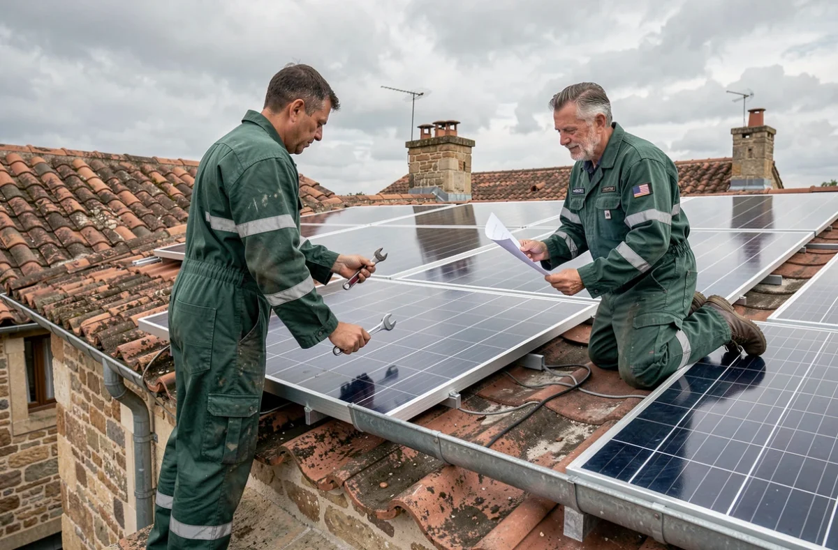 Deux techniciens d'Ouest Couverture Energie installant des panneaux solaires thermiques sur un toit en pierre typique de Nantes