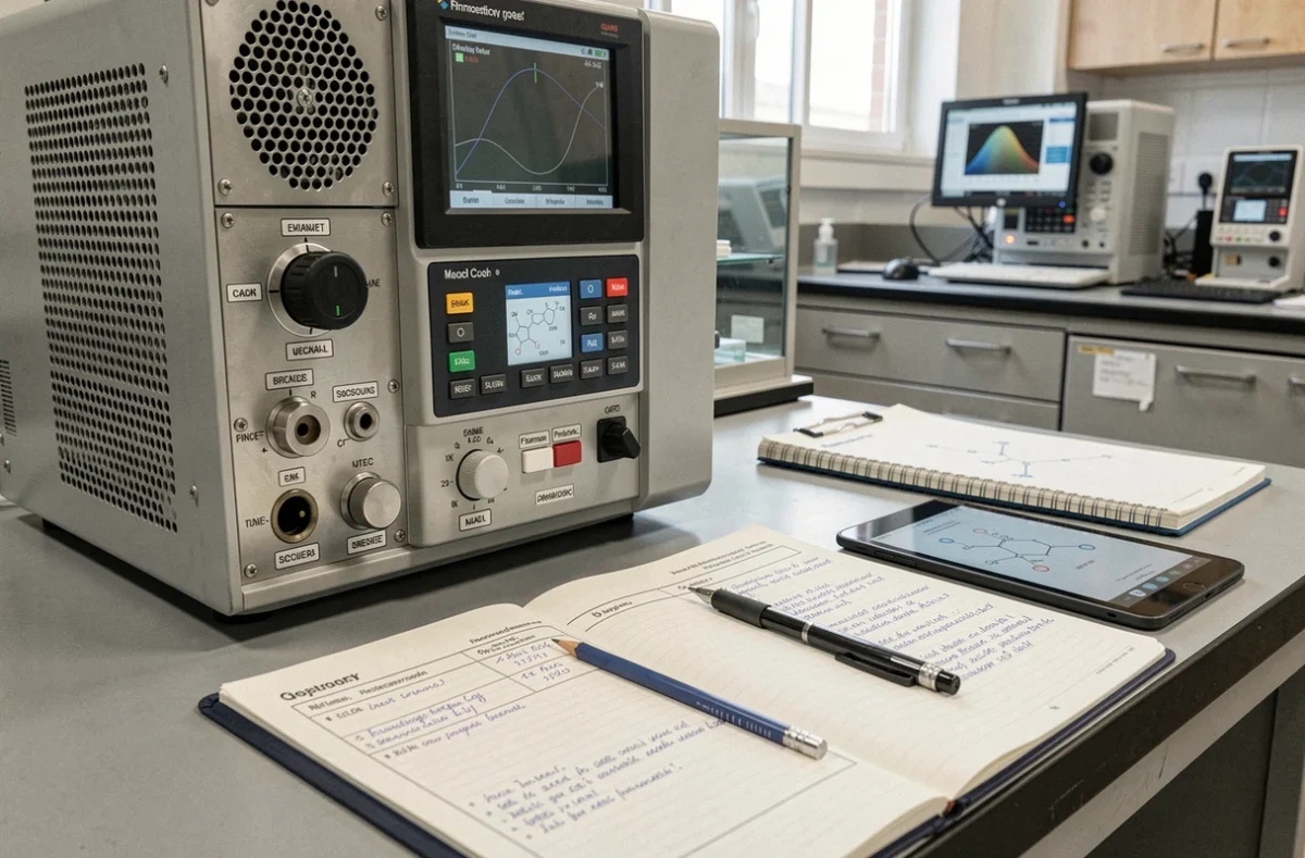 Paillasse de laboratoire universitaire avec spectromètre de masse, cahier de notes et fiche pédagogique pour l'enseignement de la spectrométrie