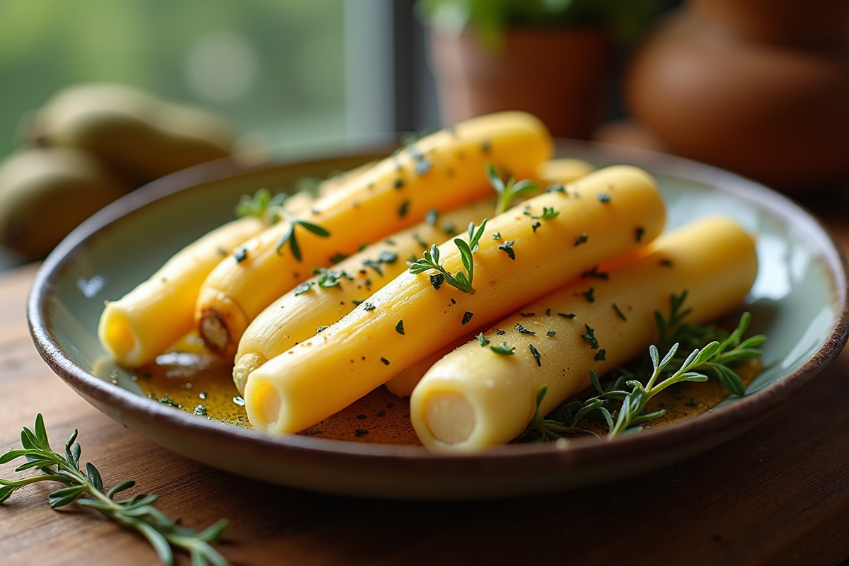 Panais rôtis aux herbes sur une assiette en céramique rustique