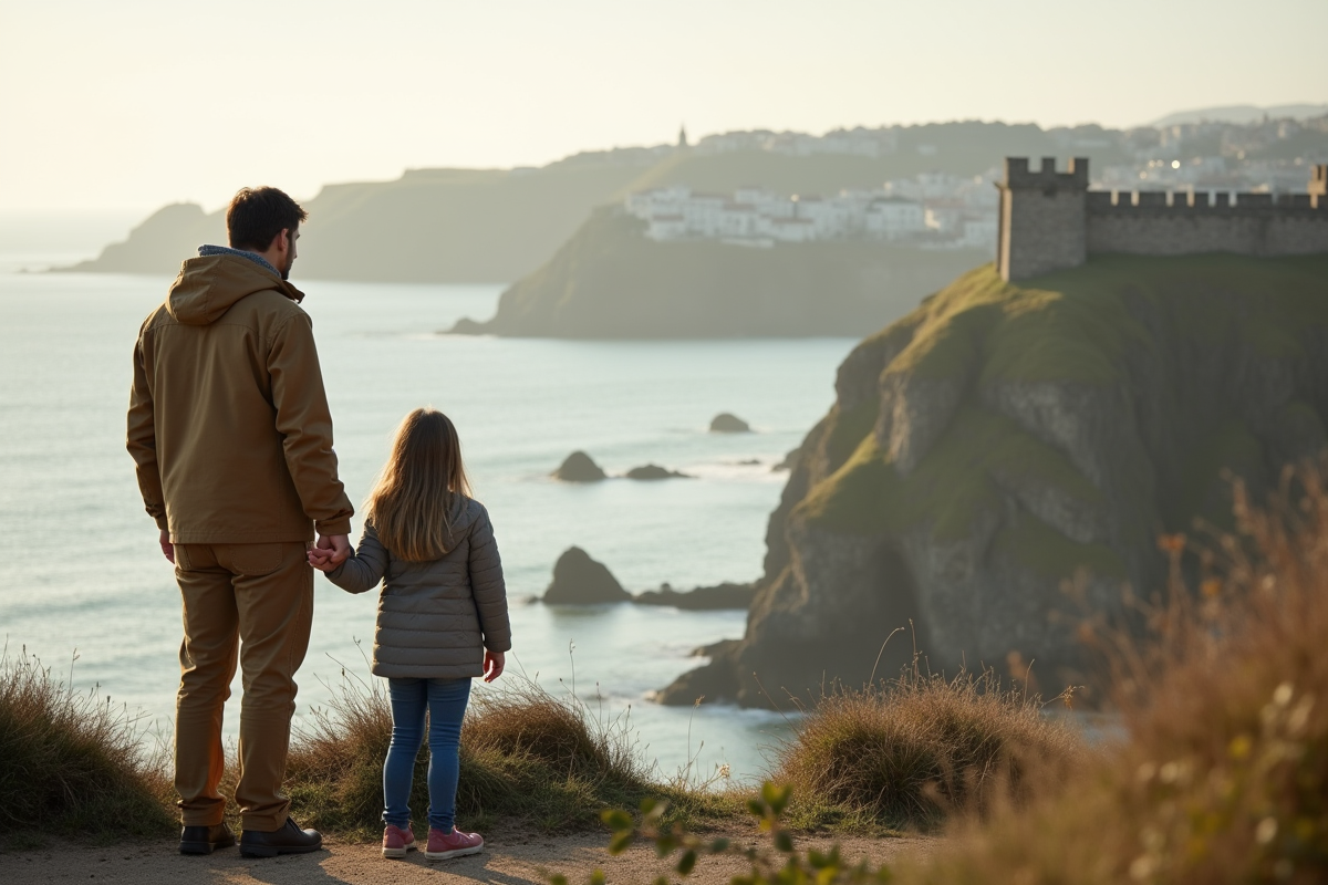 Père et fille regardant la côte à Saint-Malo