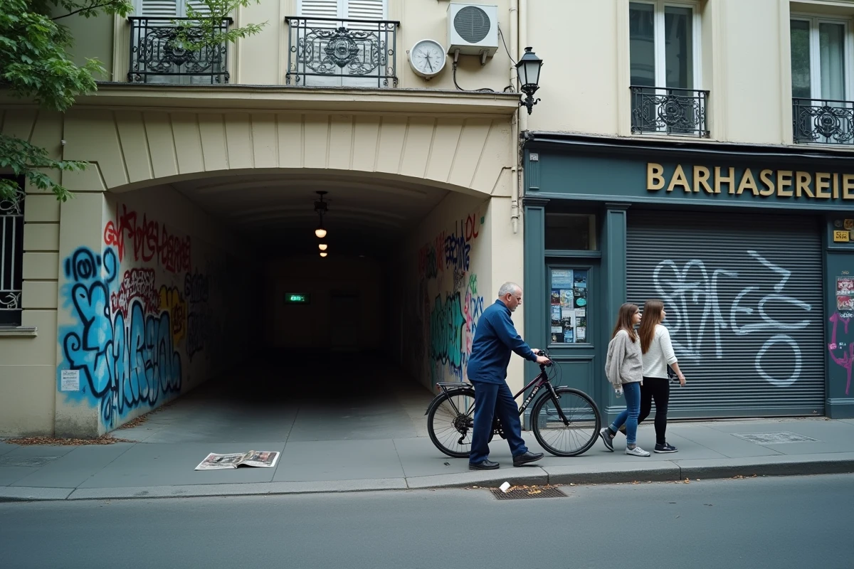 Rue d'un arrondissement populaire de Paris montrant le contraste entre l'architecture haussmannienne et les traces du quotidien urbain