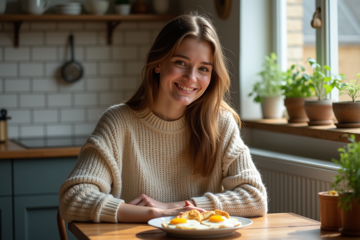 Jeune femme souriante avec petit déjeuner chaud