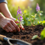 Mains de jardinier plantant une petite glycine dans la terre